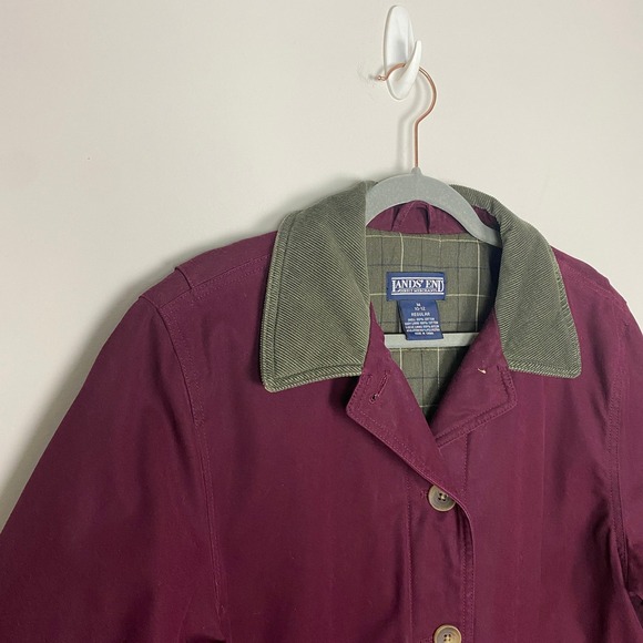 Lands End Barn Coat Chore Jacket Canvas Burgundy Corduroy Collar Womens Medium - Picture 4 of 6